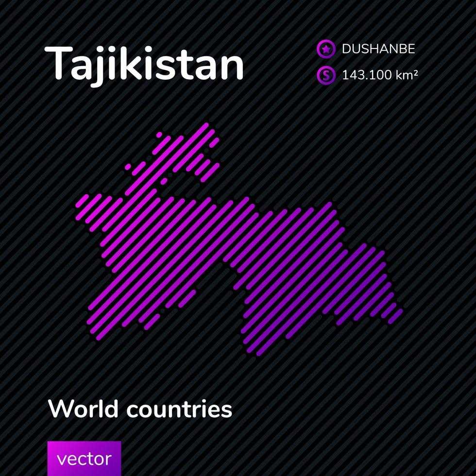 mapa plano de rayas vectoriales de tayikistán en colores violetas sobre el fondo de rayas negras. pancarta educativa vector