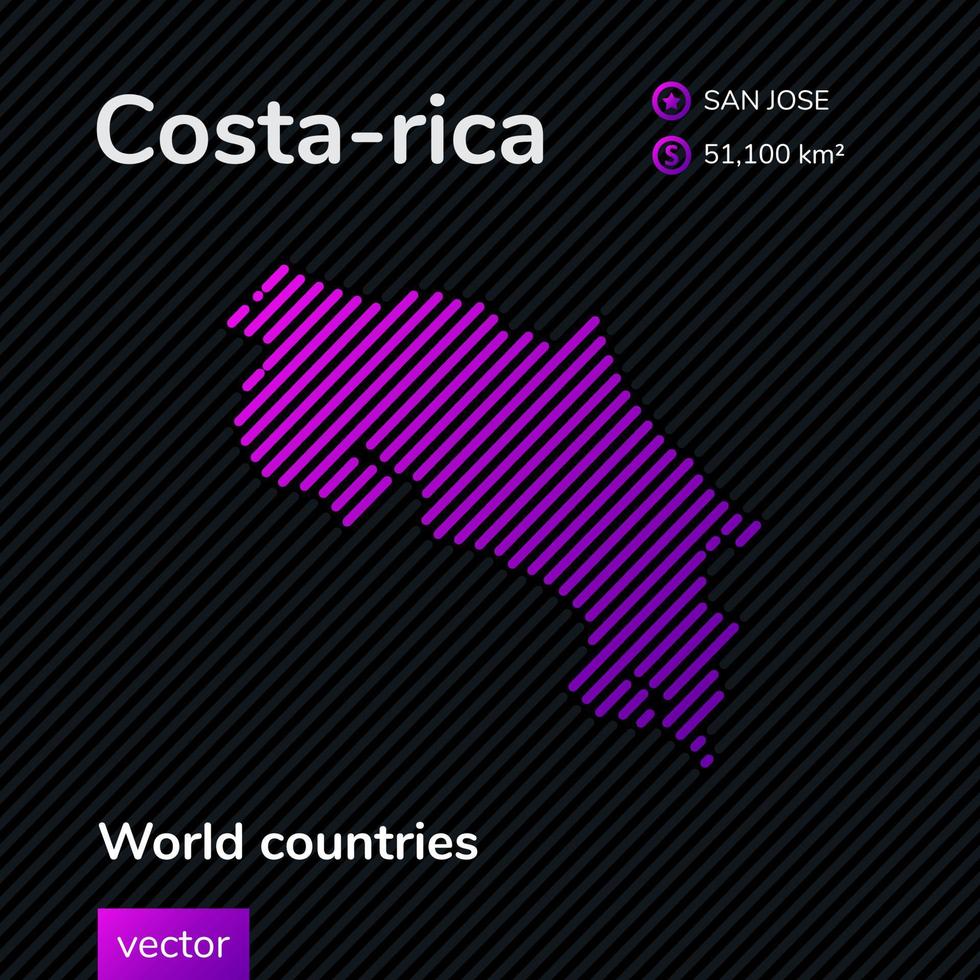 Vector stylized flat map of Costa-rica in violet and black colors on striped background. Educational map