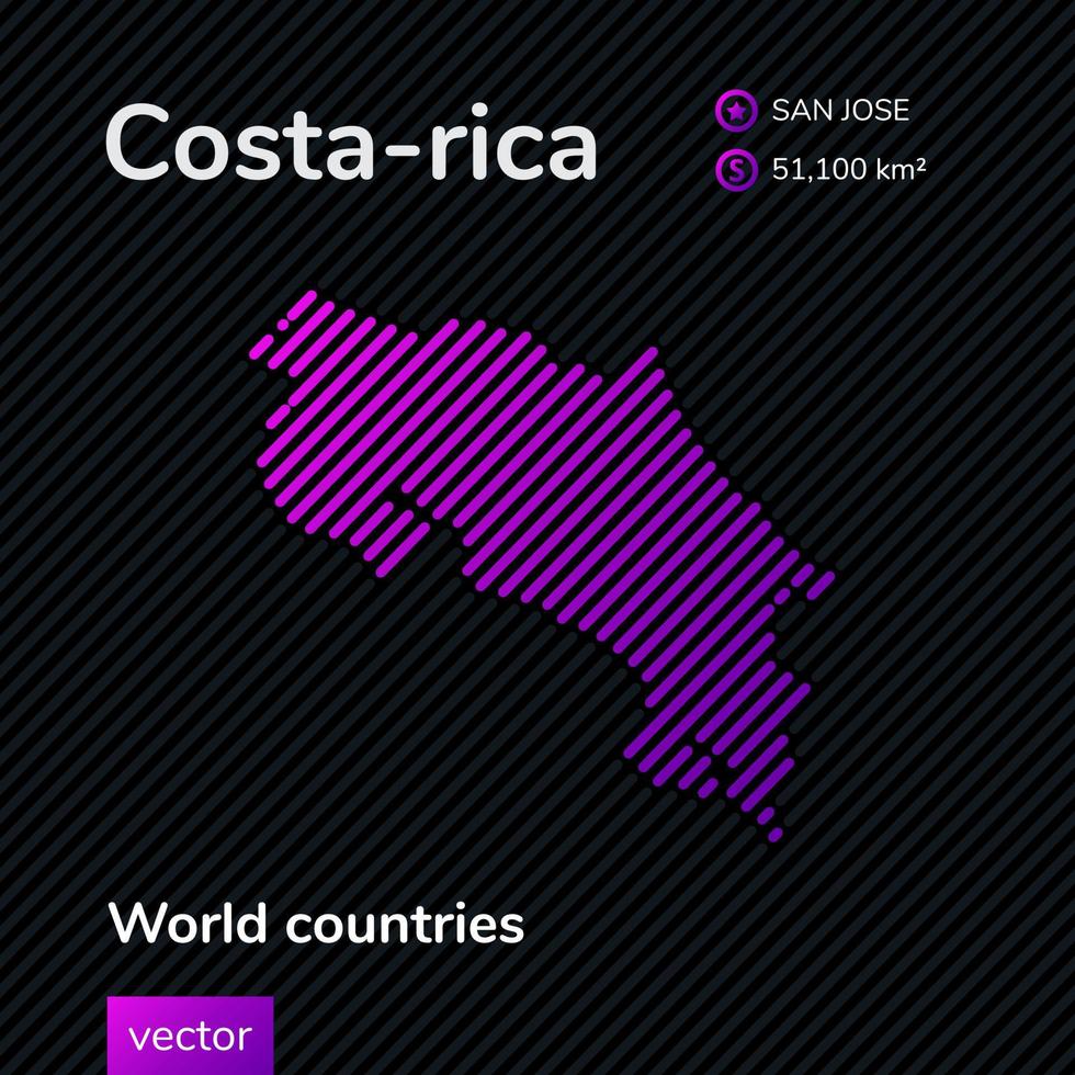 mapa plano vectorial estilizado de costa rica en colores violeta y negro sobre fondo rayado. mapa educativo vector