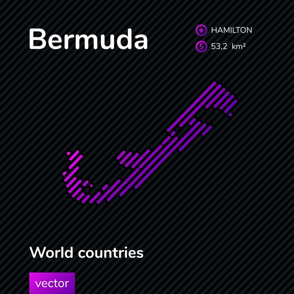 Stylizated striped Vector flat map of Bermuda in violet colors on black background. Education banner