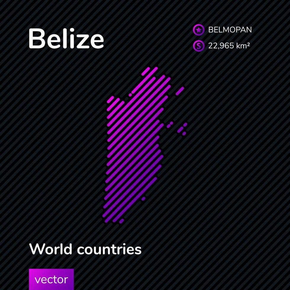 Stylized vector flat map of Belize in violet colors on black striped background. Education banner