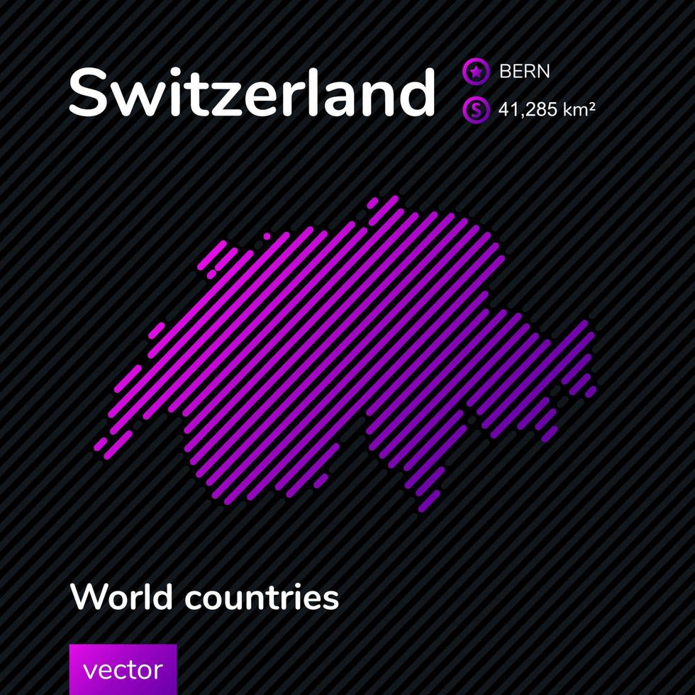 mapa de suiza mapa simple abstracto de arte de línea plana de neón digital creativo vectorial con textura de rayas violeta, púrpura y rosa sobre fondo negro. pancarta educativa, afiche sobre suiza vector