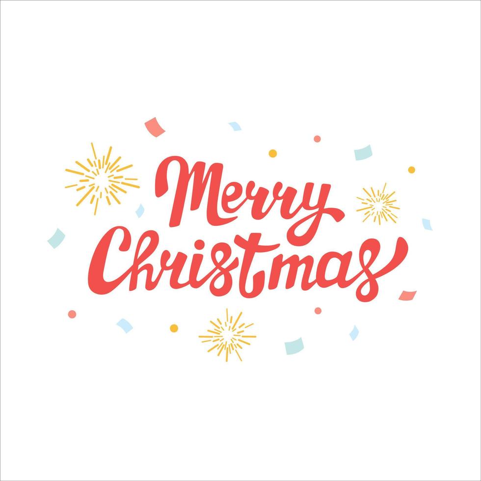 Merry christmas hand drawn lettering calligraphy with fireworks and confetti isolated on white background. Vector holiday decoration element. Merry Christmas script calligraphy