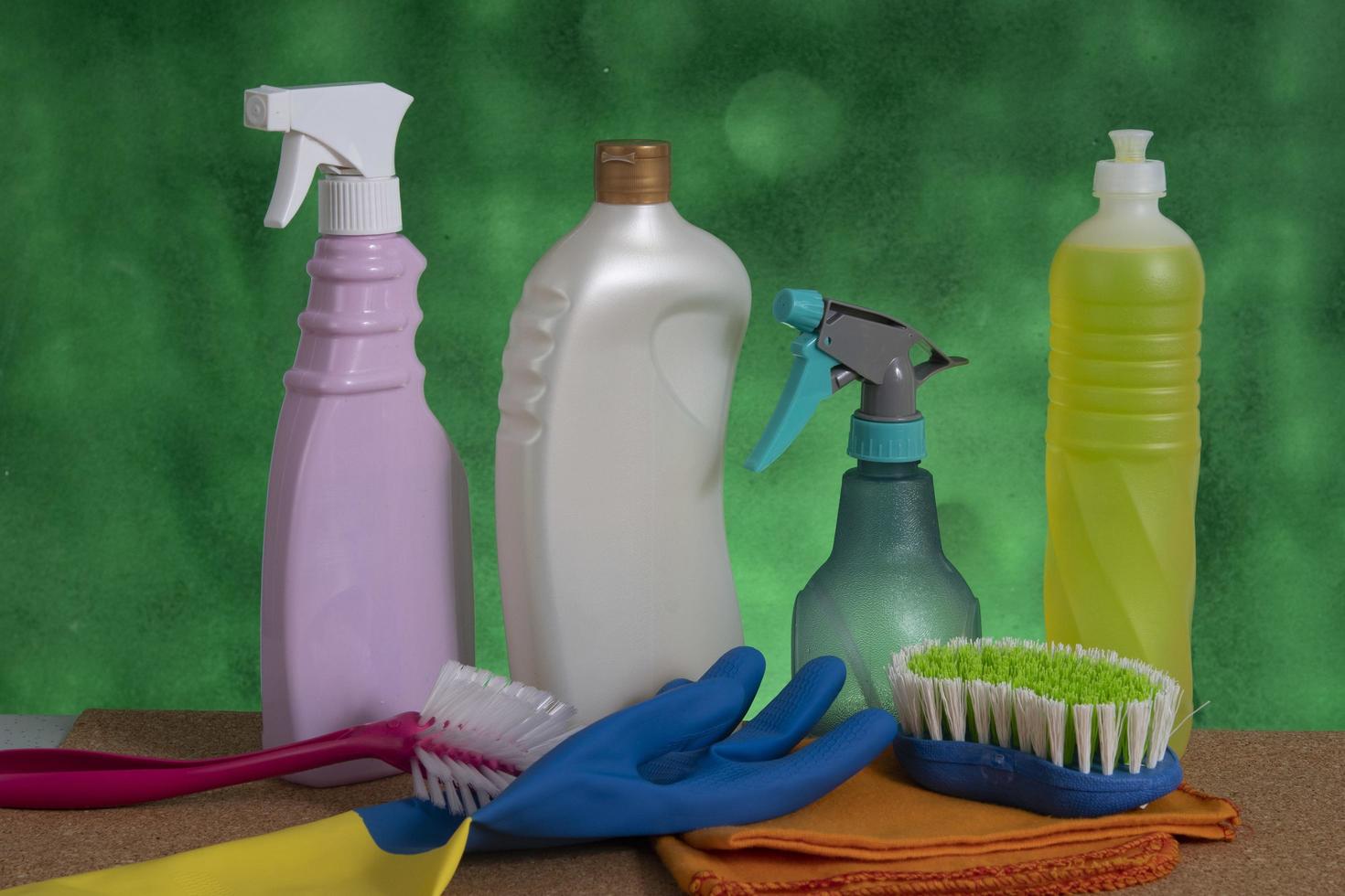 basket with cleaning products for home hygiene use photo