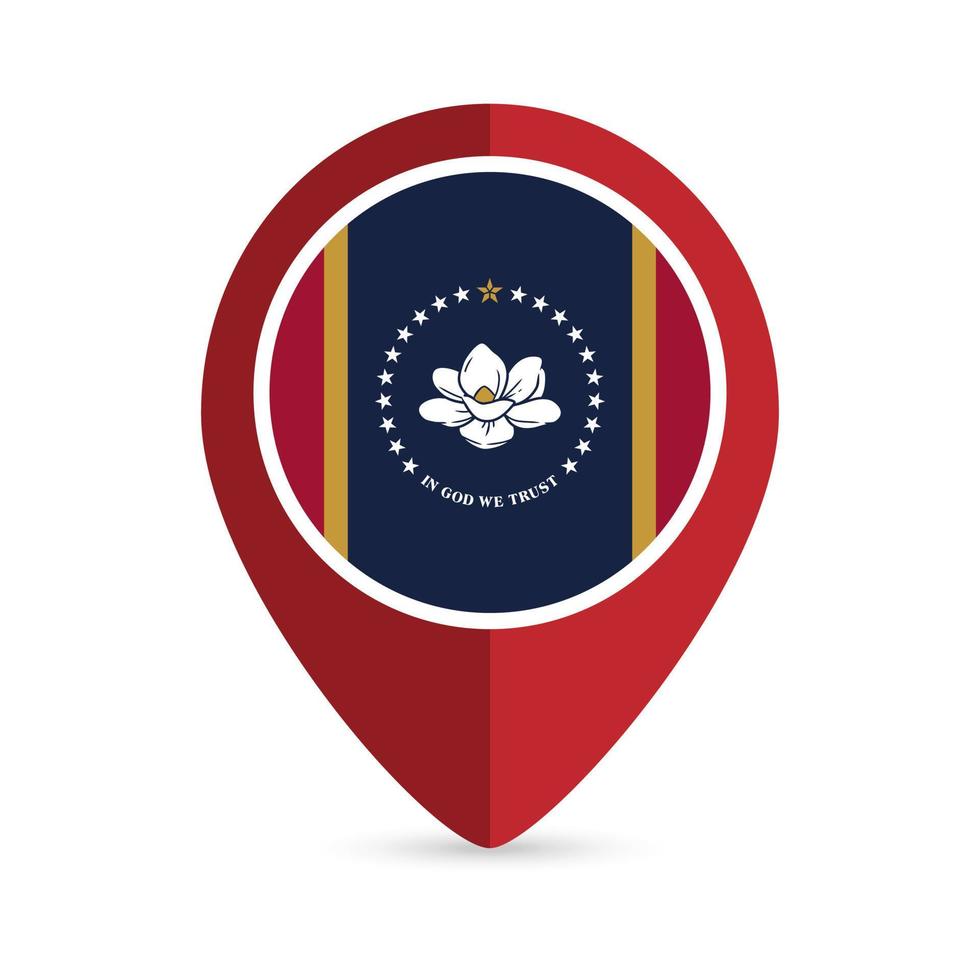 Map pointer with flag Mississippi state. Vector illustration.