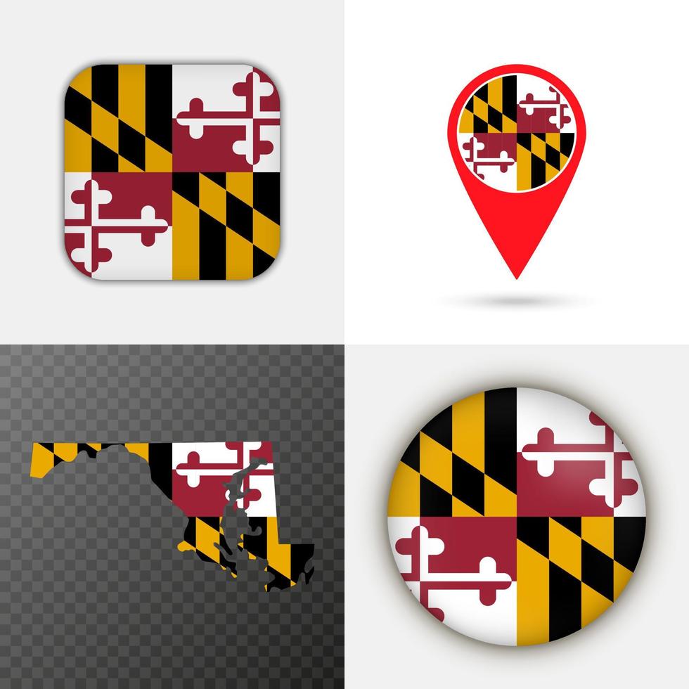 Set of Maryland state flag. Vector illustration.