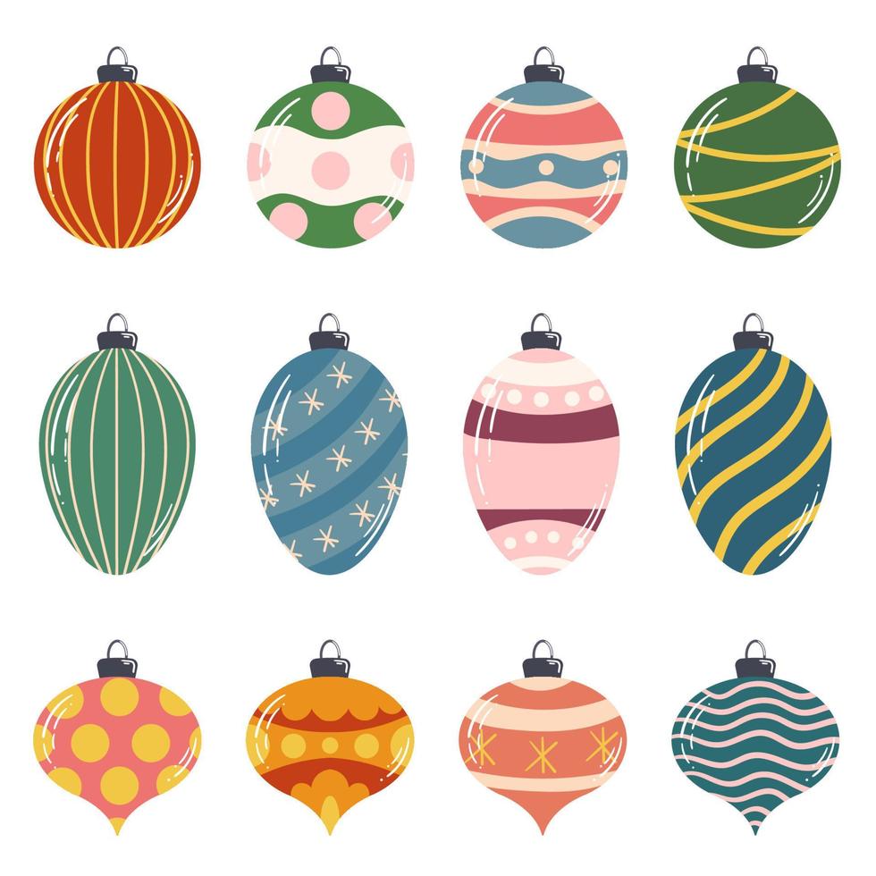 Christmas tree glass balls collection. Different shapes and colors festive baubles, bulb. Winter holiday decorative element set vector