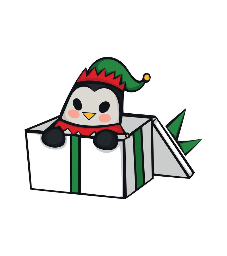 Concept of New Year image of penguin. Design element. Vector illustration. Penguin in New Years hat sits in gift box