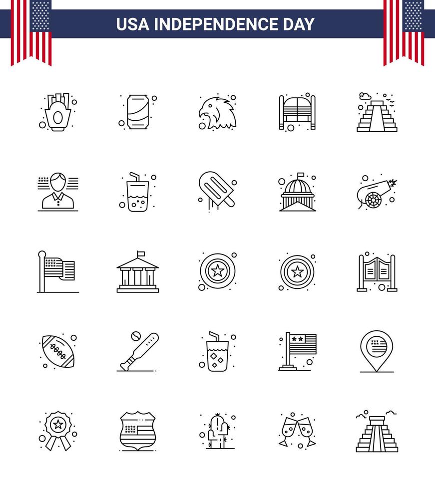 Set of 25 Modern Lines pack on USA Independence Day building entrance animal day doors Editable USA Day Vector Design Elements
