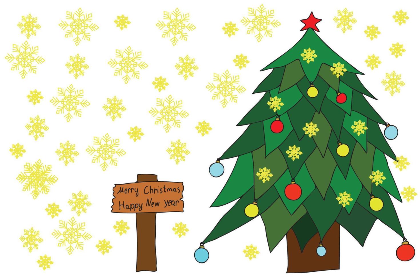 árbol de navidad de año nuevo decorado con juguetes frente al letrero, diseñado para año nuevo, navidad, tarjetas, impresión y puede usarse en varias ocasiones vector