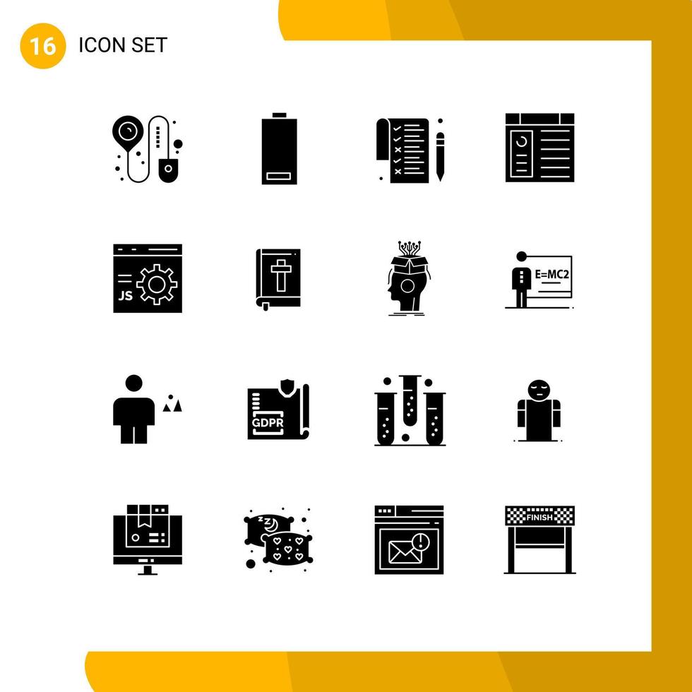 conjunto de glifos sólidos de interfaz móvil de 16 pictogramas de elementos de diseño vectorial editables de computadora de sitio web de lista de navegador de desarrollo vector