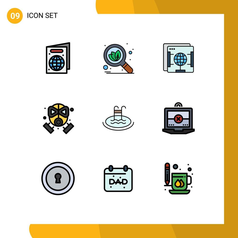 Mobile Interface Filledline Flat Color Set of 9 Pictograms of service pool web hotel mask Editable Vector Design Elements