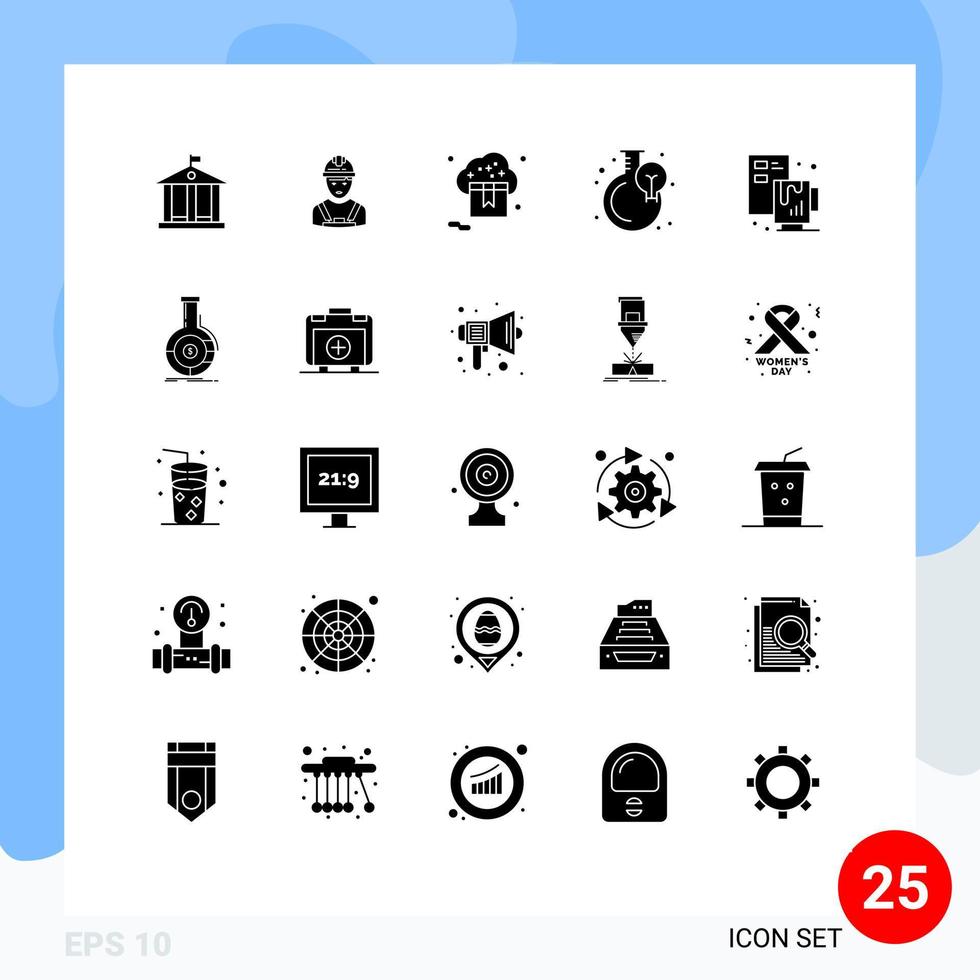 25 Universal Solid Glyph Signs Symbols of creative blub cloud flask valentine Editable Vector Design Elements
