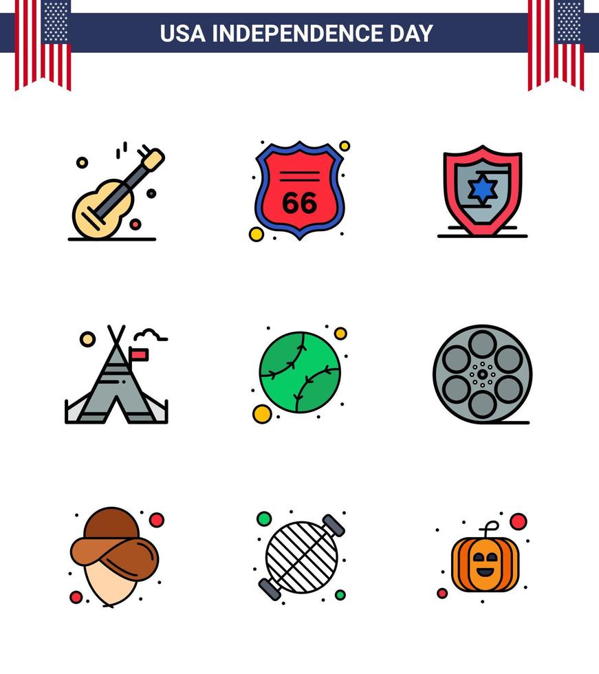 9 USA Flat Filled Line Signs Independence Day Celebration Symbols of states american american american tent Editable USA Day Vector Design Elements