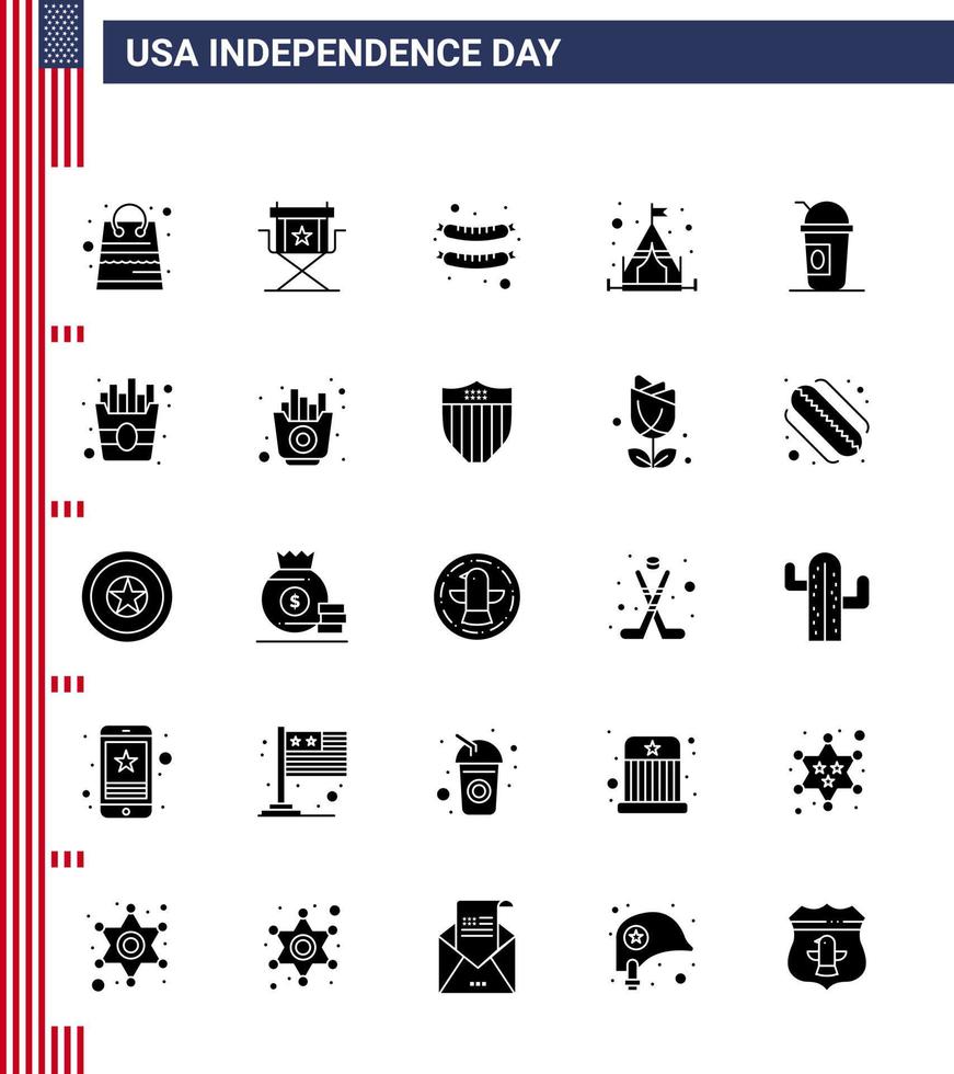 Happy Independence Day Pack of 25 Solid Glyph Signs and Symbols for limonade america television tent camp Editable USA Day Vector Design Elements