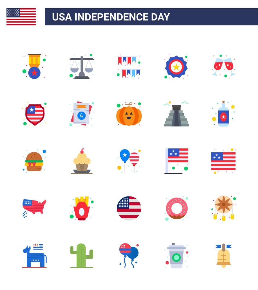 Group of 25 Flats Set for Independence day of United States of America such as beer badge american day security party Editable USA Day Vector Design Elements