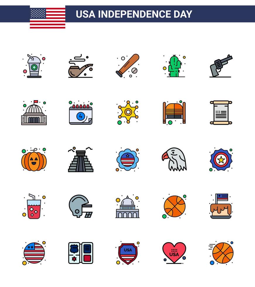 Modern Set of 25 Flat Filled Lines and symbols on USA Independence Day such as hand desert baseball plant cactus Editable USA Day Vector Design Elements