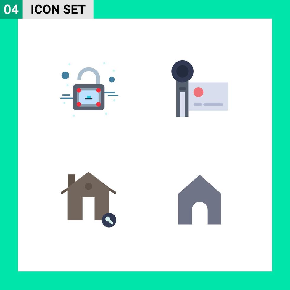 Modern Set of 4 Flat Icons and symbols such as lock estate camcorder recording house Editable Vector Design Elements