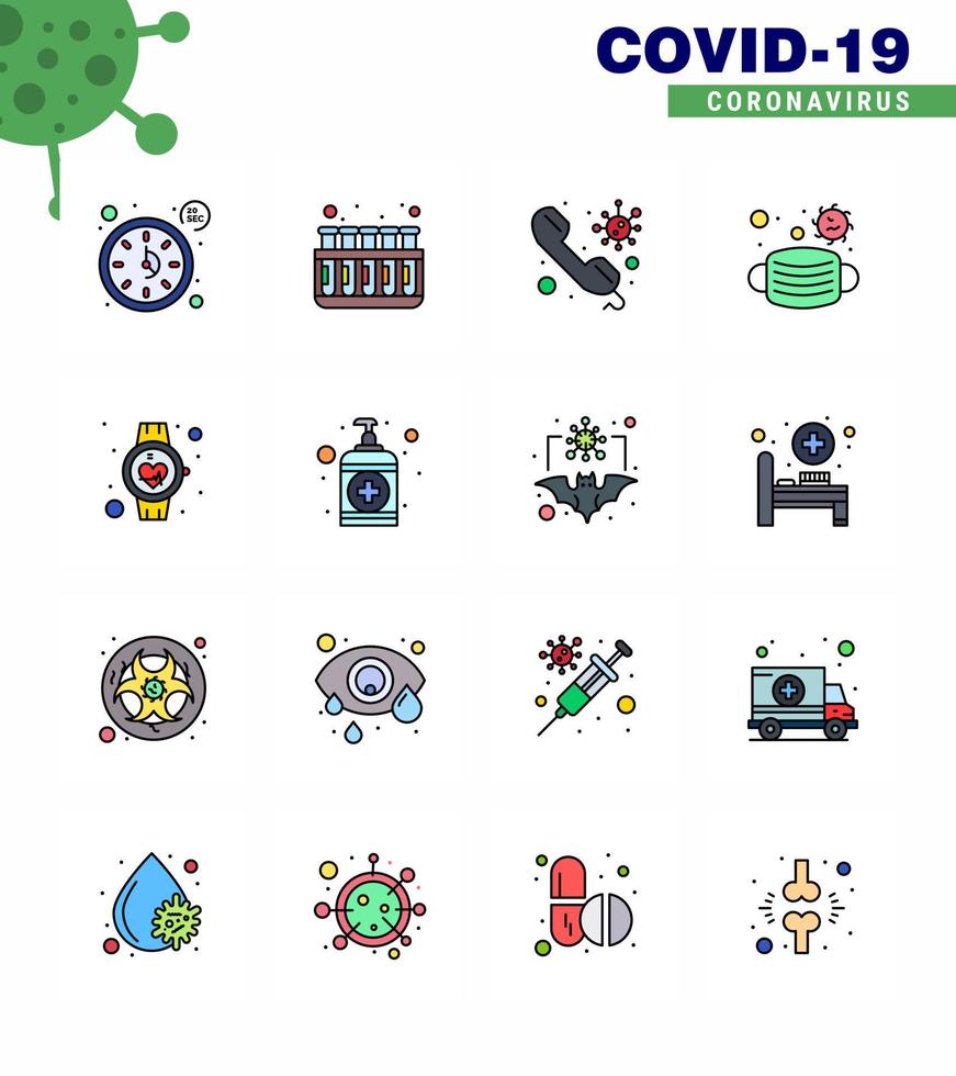 Conjunto de 16 líneas llenas de color plano de iconos epidémicos del virus de la corona, como elementos de diseño del vector de la enfermedad del coronavirus viral 2019nov