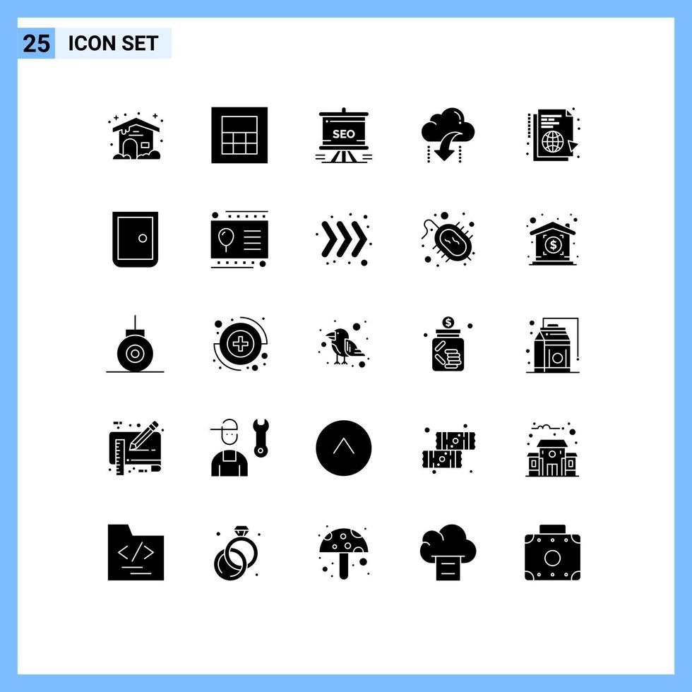 Group of 25 Solid Glyphs Signs and Symbols for globe learning analytics data down Editable Vector Design Elements