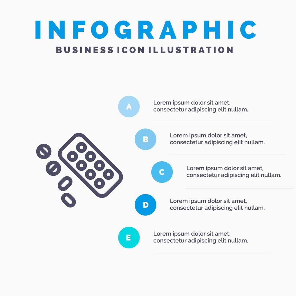 plantilla de infografía azul de tratamiento de tableta de píldora de medicina plantilla de icono de línea de vector de 5 pasos