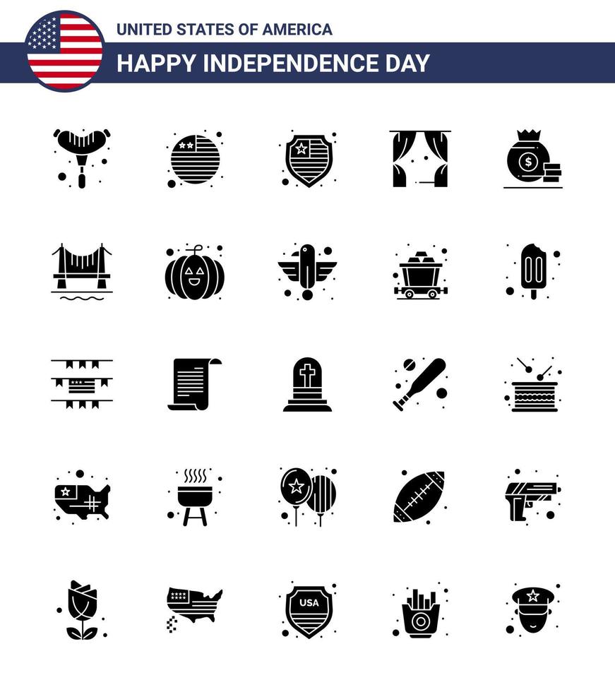 Pack of 25 USA Independence Day Celebration Solid Glyph Signs and 4th July Symbols such as bridge money shield bag usa Editable USA Day Vector Design Elements
