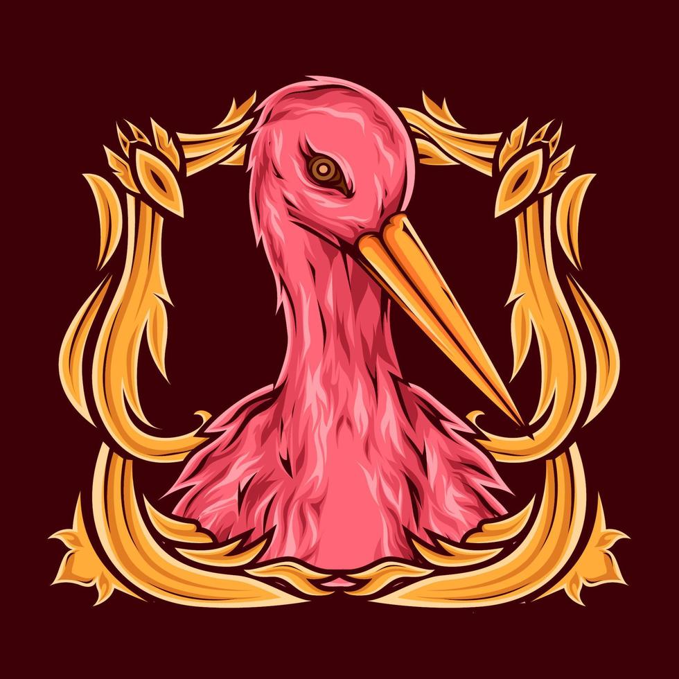 Pink flamingo bird vector design with gold ornament