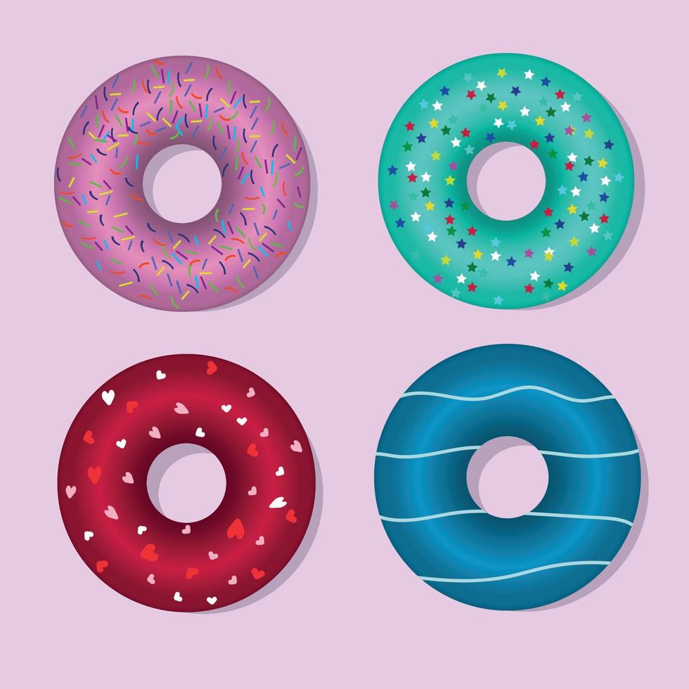 4 colorful donuts in a modern style on a pink background. Vector collection. Sweet food. Vector illustration. White background. Abstract art background.