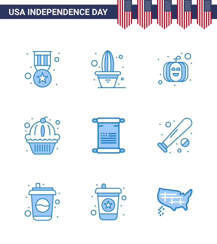 Stock Vector Icon Pack of American Day 9 Line Signs and Symbols for american scroll american cake muffin Editable USA Day Vector Design Elements