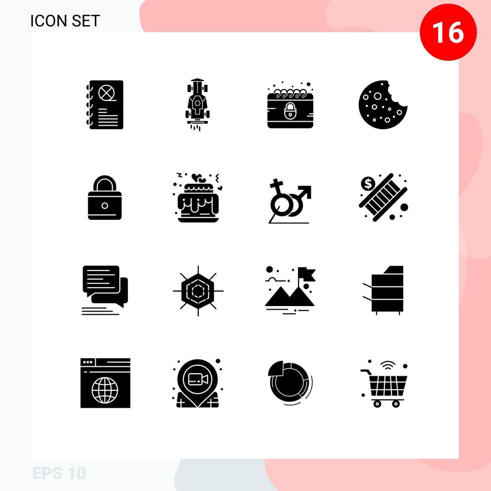 Mobile Interface Solid Glyph Set of 16 Pictograms of lock slice speed sausage internet Editable Vector Design Elements