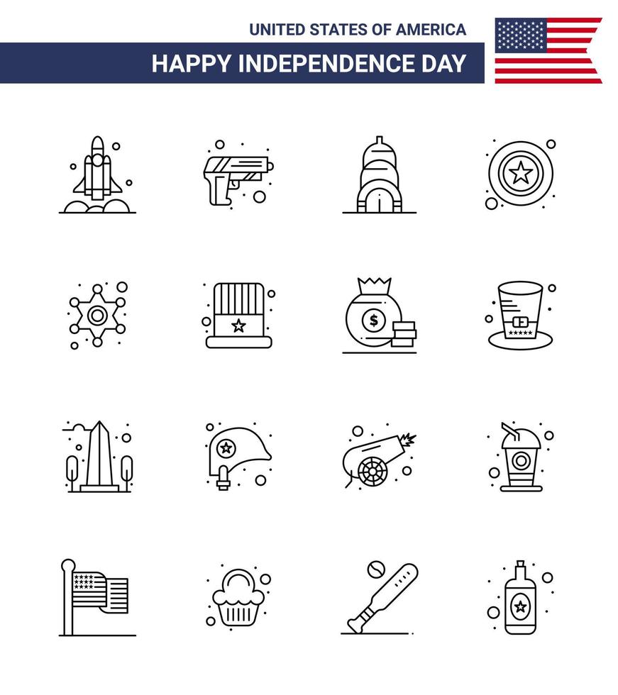 Set of 16 USA Day Icons American Symbols Independence Day Signs for police sign weapon star men Editable USA Day Vector Design Elements