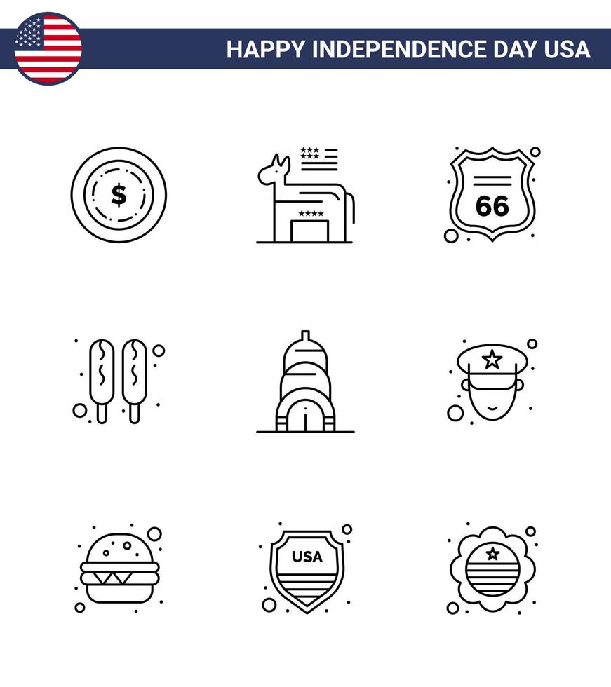 Editable Vector Line Pack of USA Day 9 Simple Lines of man building shield chrysler hot dog Editable USA Day Vector Design Elements