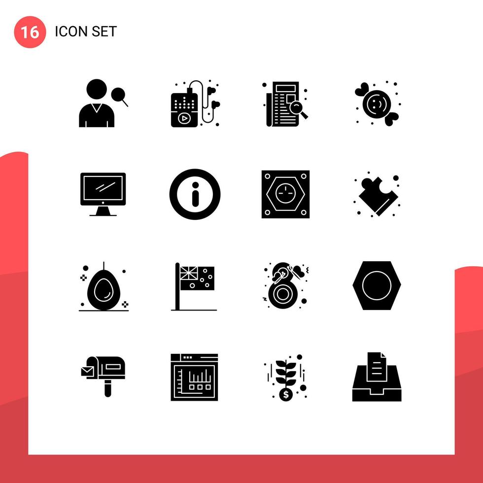 16 User Interface Solid Glyph Pack of modern Signs and Symbols of device computer list sweets dessert Editable Vector Design Elements