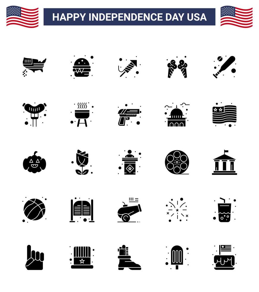 Modern Set of 25 Solid Glyph and symbols on USA Independence Day such as bat american fire work cream icecream Editable USA Day Vector Design Elements