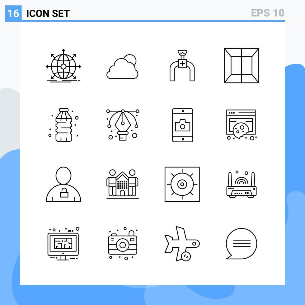los iconos de estilo moderno de 16 líneas describen símbolos para uso general signo de icono de línea creativa aislado sobre fondo blanco paquete de 16 iconos vector