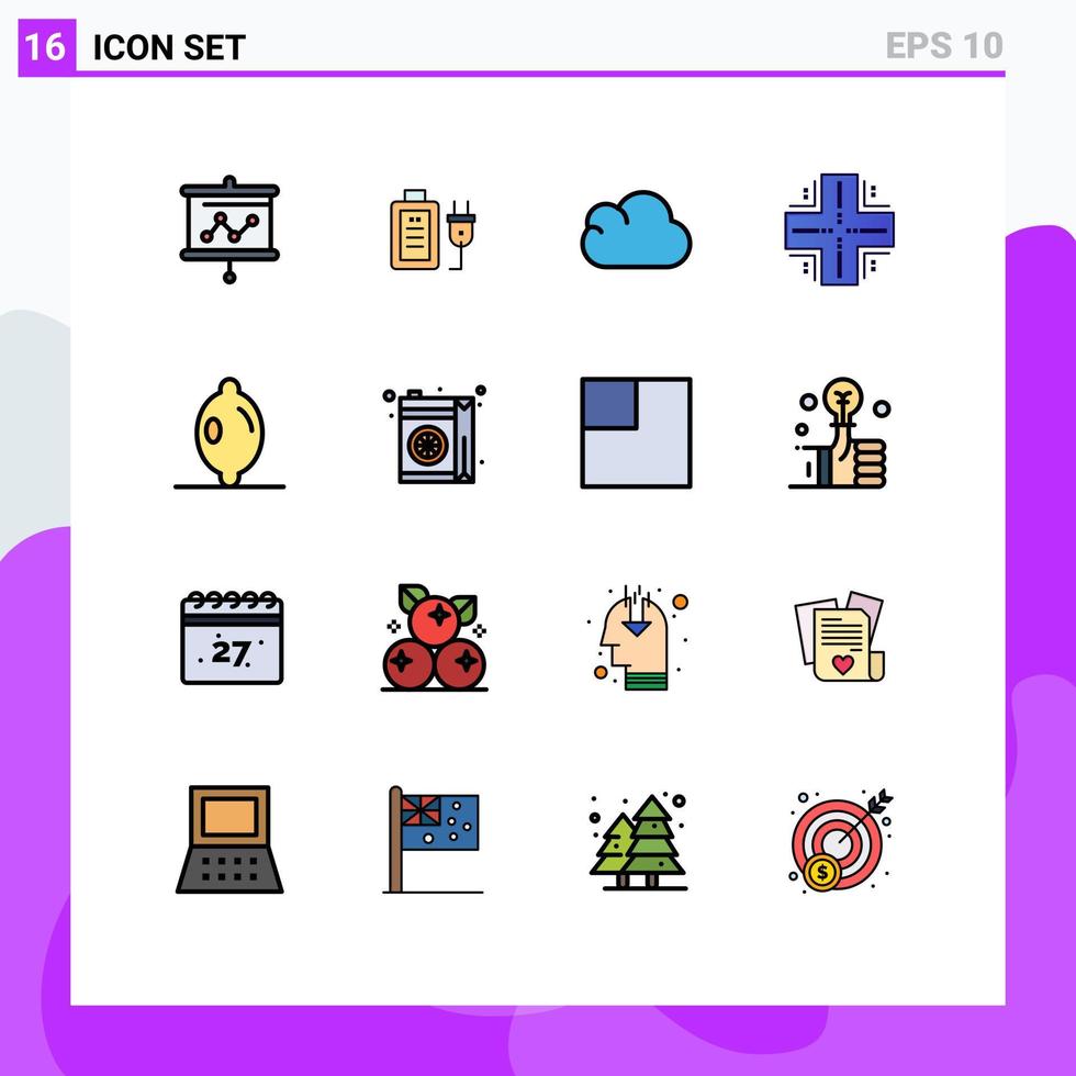 conjunto de líneas llenas de color plano de interfaz móvil de 16 pictogramas de elementos de diseño de vectores creativos editables de base de datos de mainframe de nube de servidor de limón