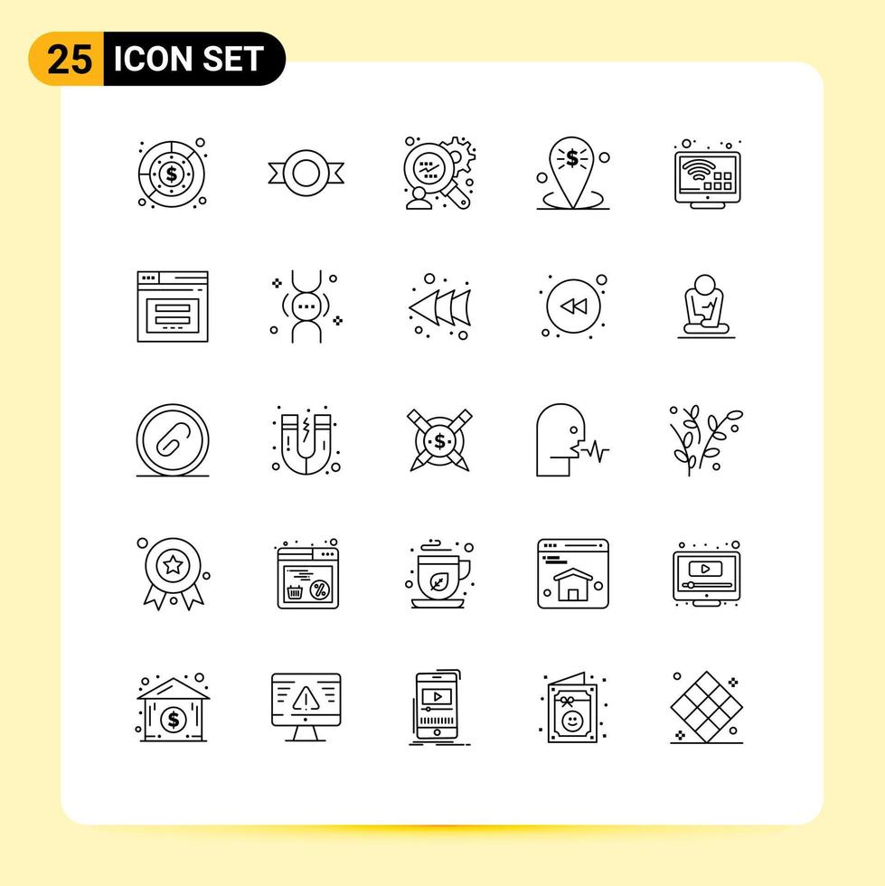 Mobile Interface Line Set of 25 Pictograms of smart entertainment consumers research placeholder location Editable Vector Design Elements