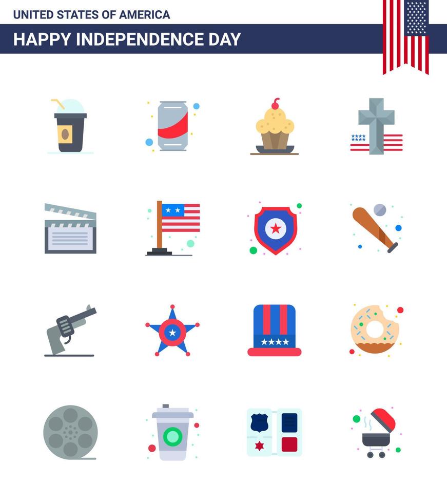 16 USA Flat Pack of Independence Day Signs and Symbols of movis church cake cross thanksgiving Editable USA Day Vector Design Elements