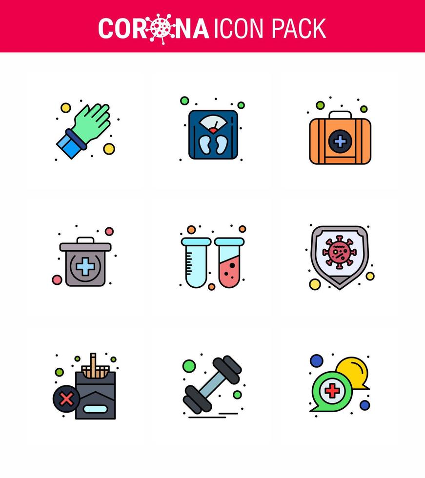 Covid19 icon set for infographic 9 Filled Line Flat Color pack such as protection disease emergency lab test viral coronavirus 2019nov disease Vector Design Elements
