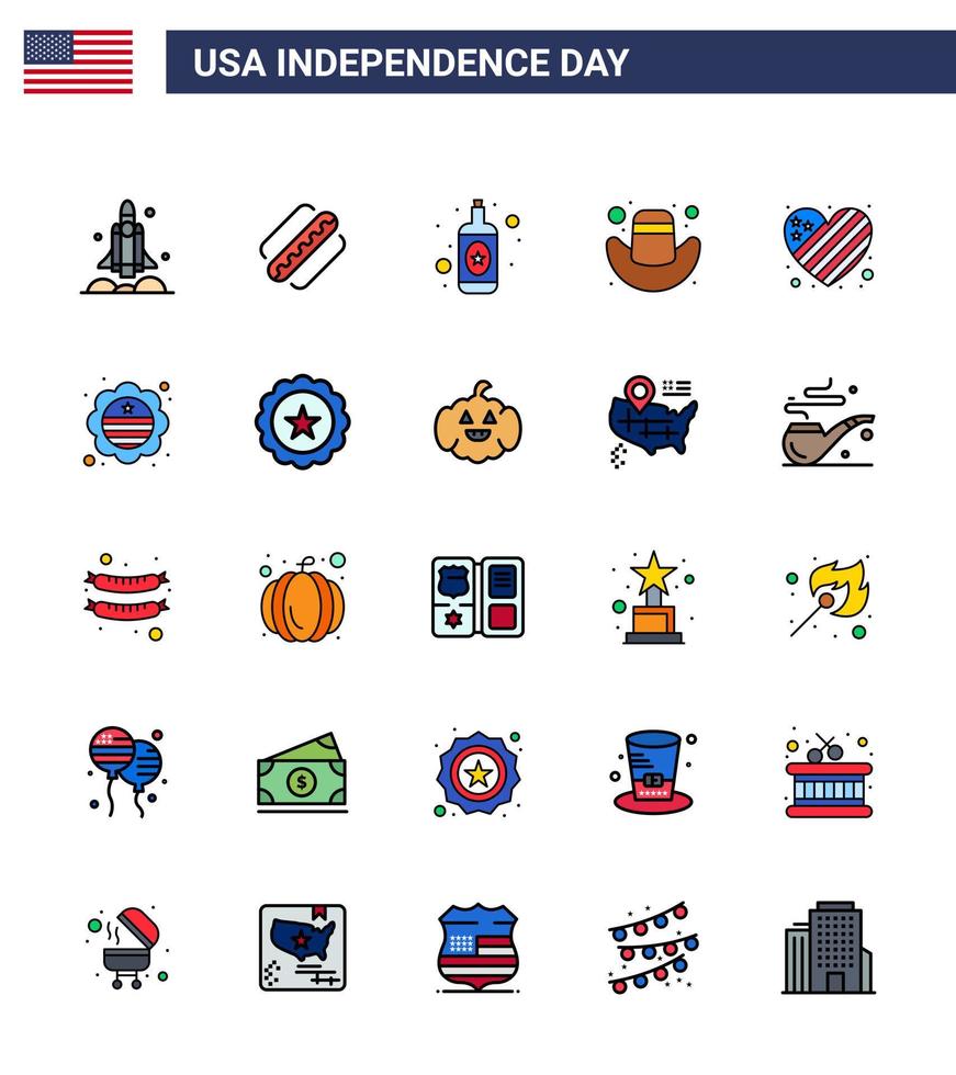 Set of 25 USA Day Icons American Symbols Independence Day Signs for heart american states hat american Editable USA Day Vector Design Elements