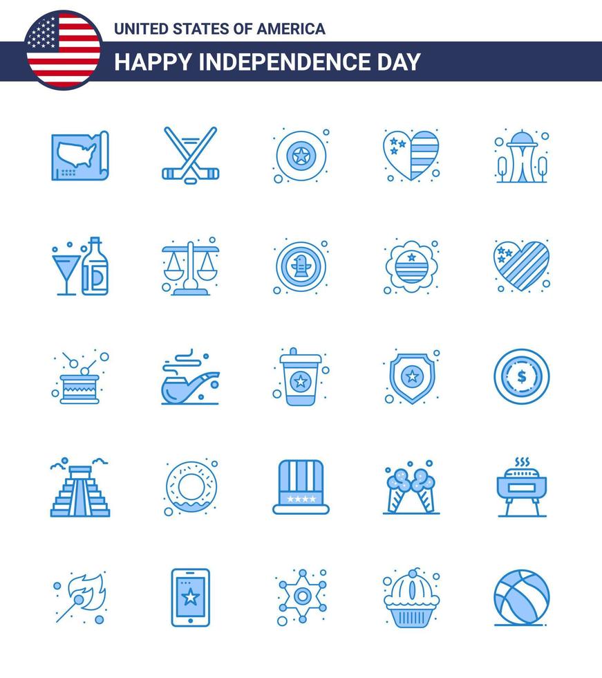 Group of 25 Blues Set for Independence day of United States of America such as needle building badge usa country Editable USA Day Vector Design Elements