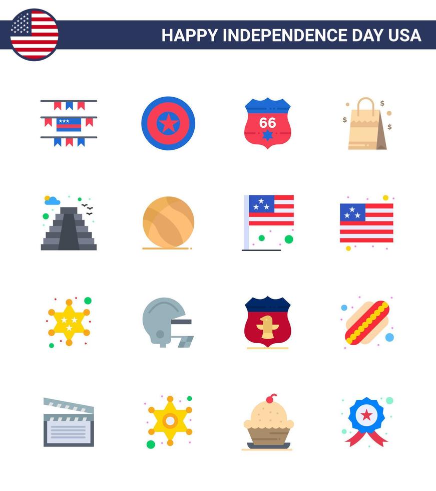 feliz día de la independencia paquete de 16 pisos signos y símbolos para el emblemático escudo americano bolso americano elementos de diseño vectorial del día de estados unidos editables vector