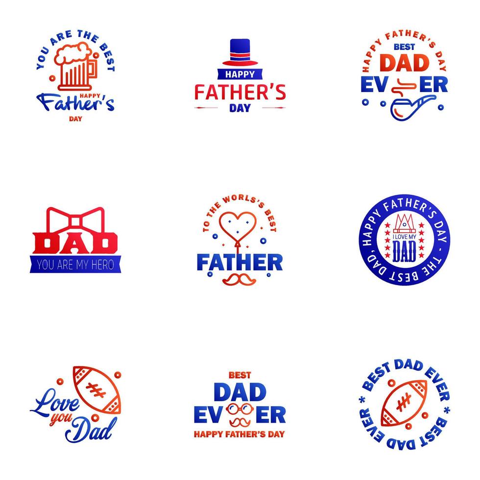 Set of Happy Fathers day elements 9 Blue and red Vector illustration Editable Vector Design Elements