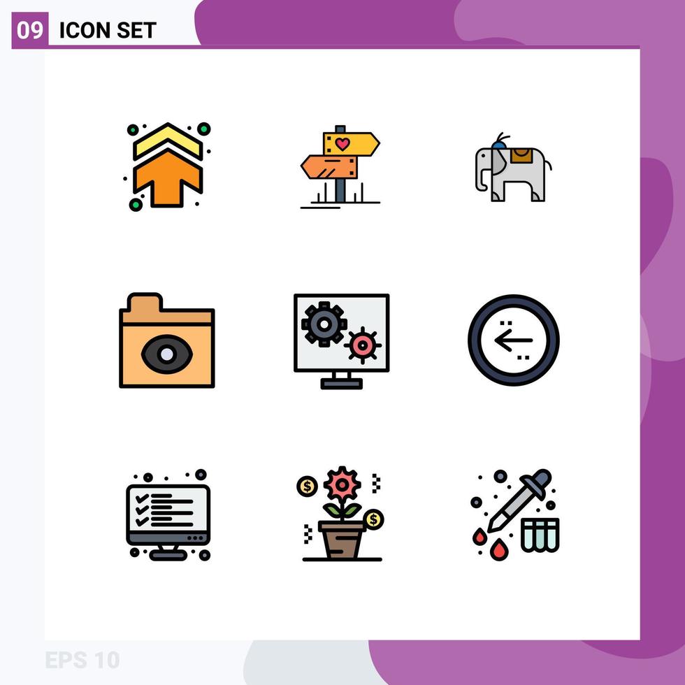 Group of 9 Modern Filledline Flat Colors Set for setting preference elephant gear folder Editable Vector Design Elements