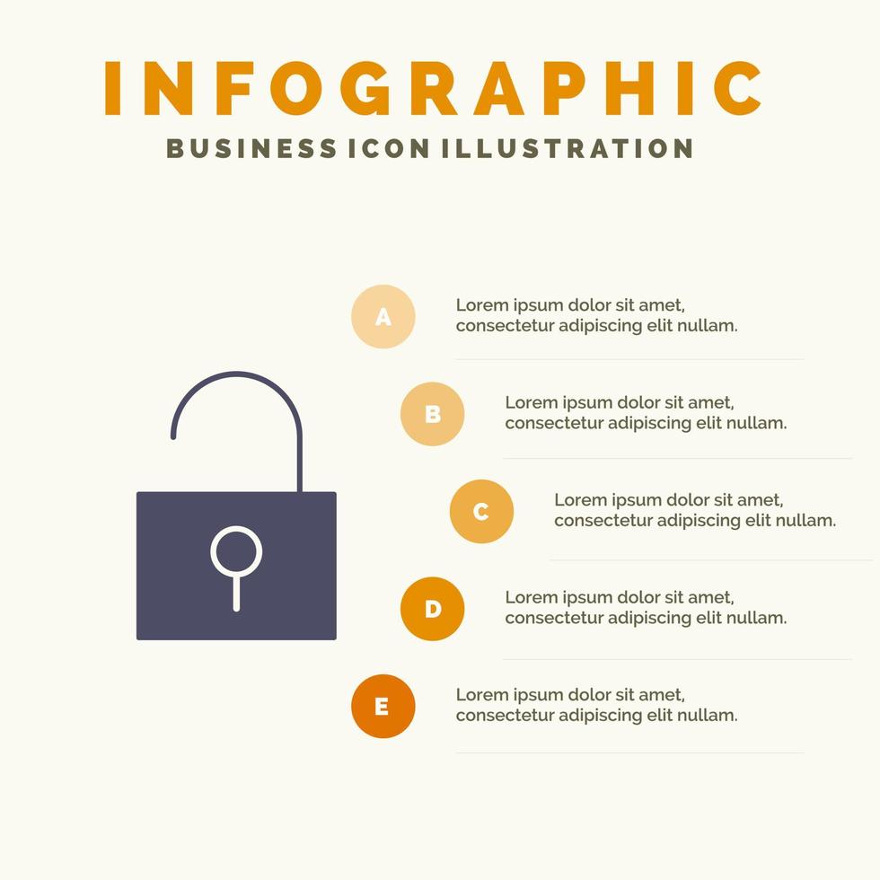 Lock Unlocked User Interface Solid Icon Infographics 5 Steps Presentation Background vector