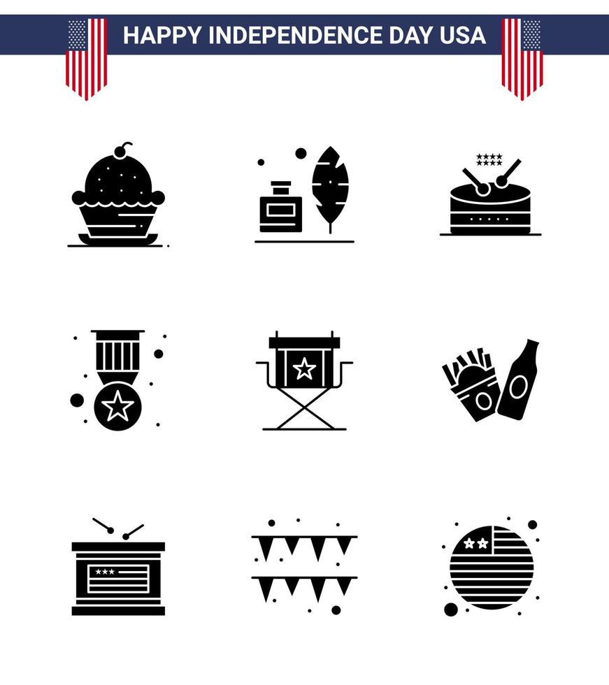 Pack of 9 USA Independence Day Celebration Solid Glyphs Signs and 4th July Symbols such as chair medal american badge parade Editable USA Day Vector Design Elements