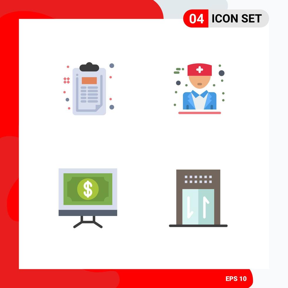 Set of 4 Vector Flat Icons on Grid for checklist finance document physician pay Editable Vector Design Elements