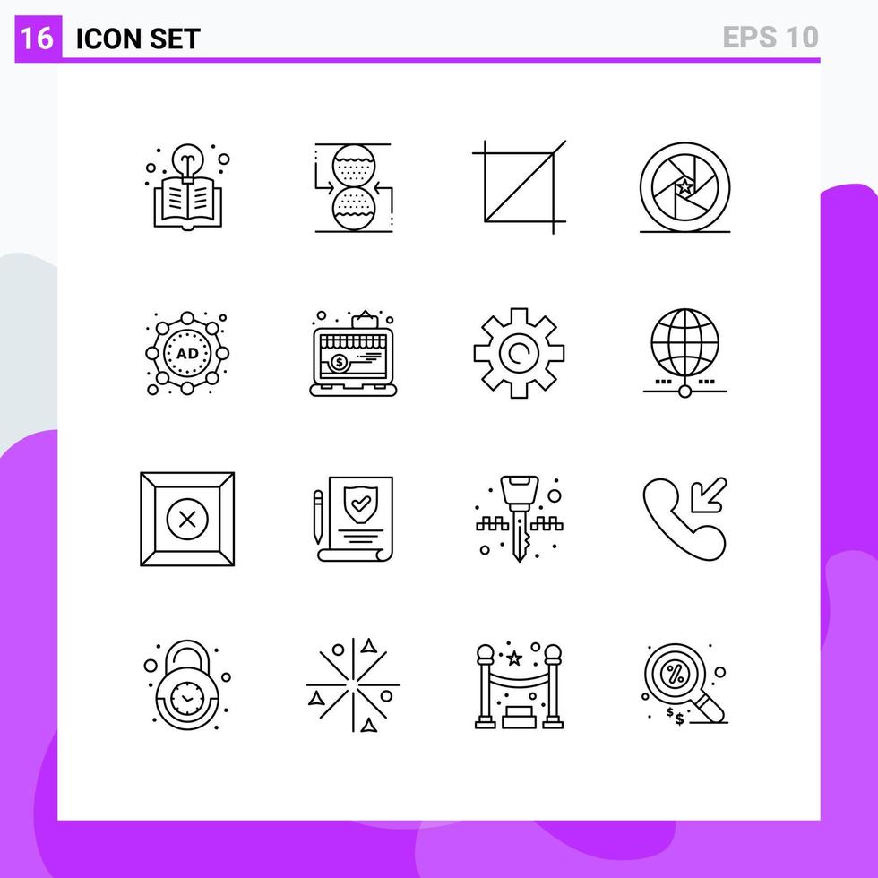Universal Icon Symbols Group of 16 Modern Outlines of strategy ad crop superstar movie star Editable Vector Design Elements