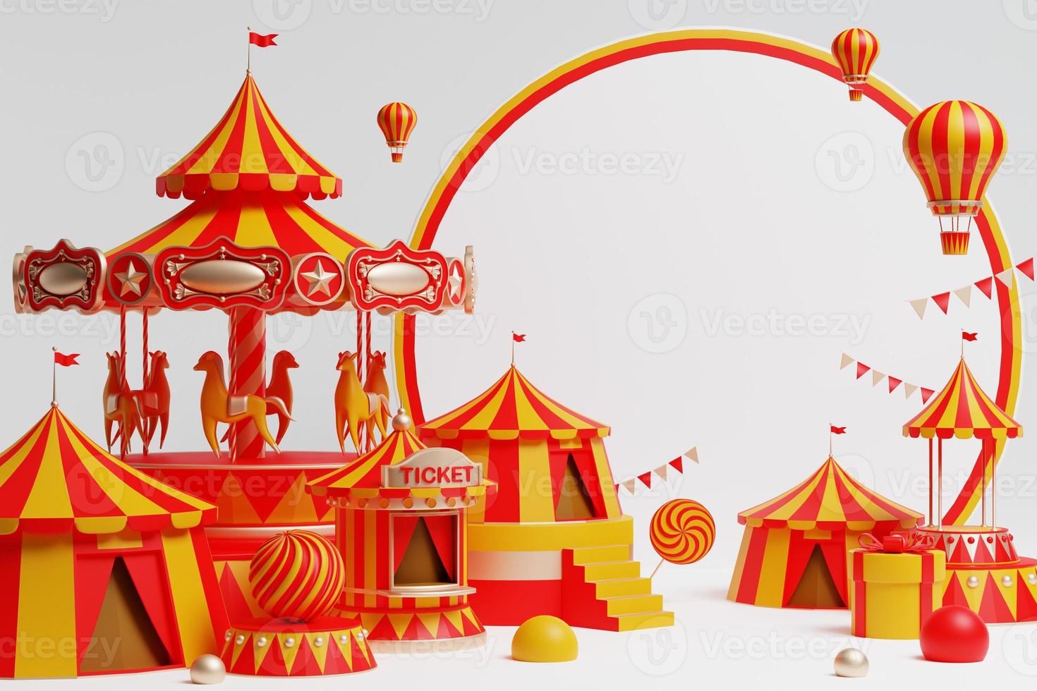 3d amusement park, circus, carnival fair theme podium with many rides and shops circus tent 3d illustration photo