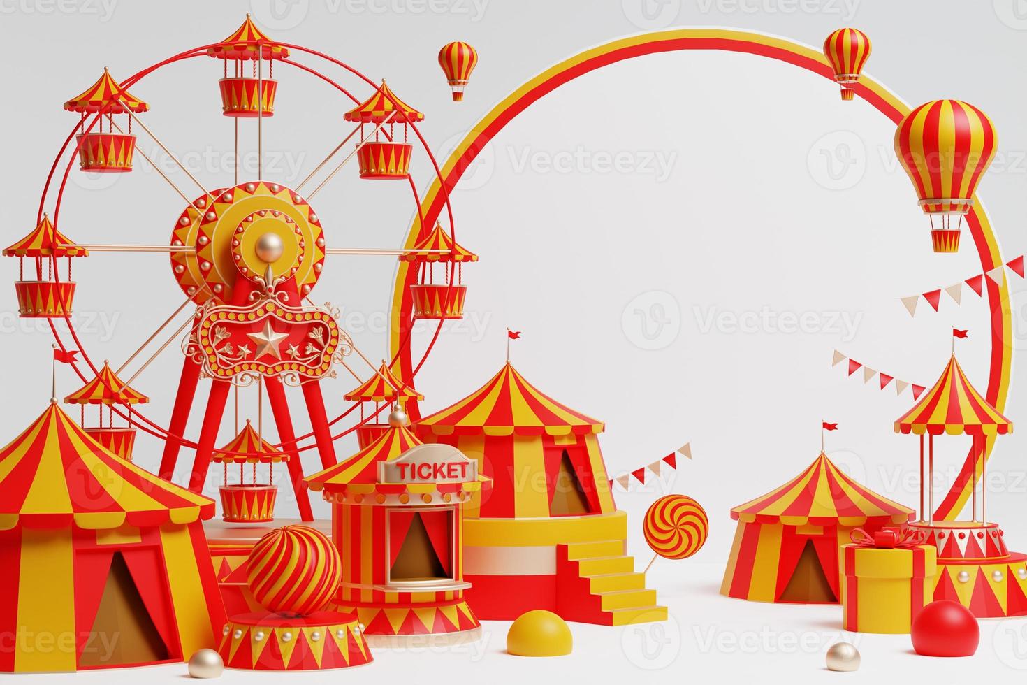 3d amusement park, circus, carnival fair theme podium with many rides and shops circus tent 3d illustration photo